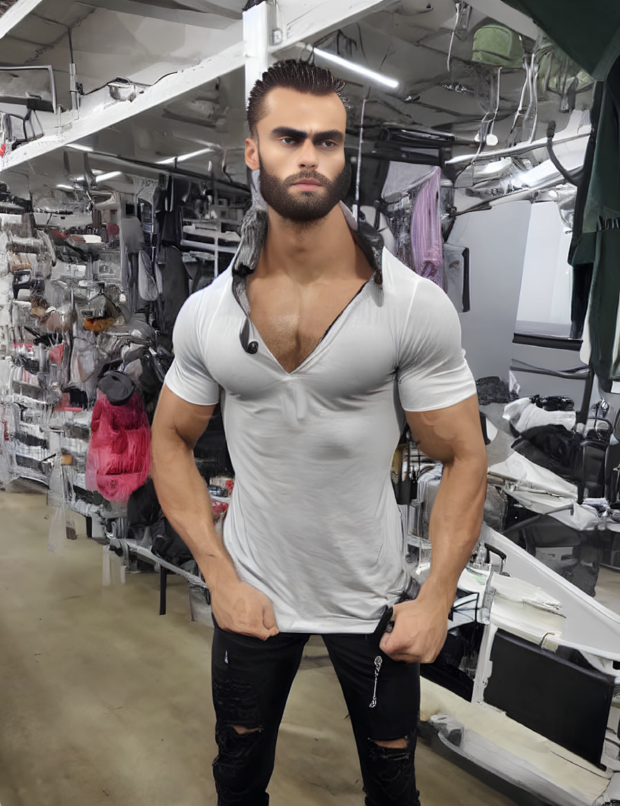 Bearded man in white t-shirt and ripped jeans at clothing store