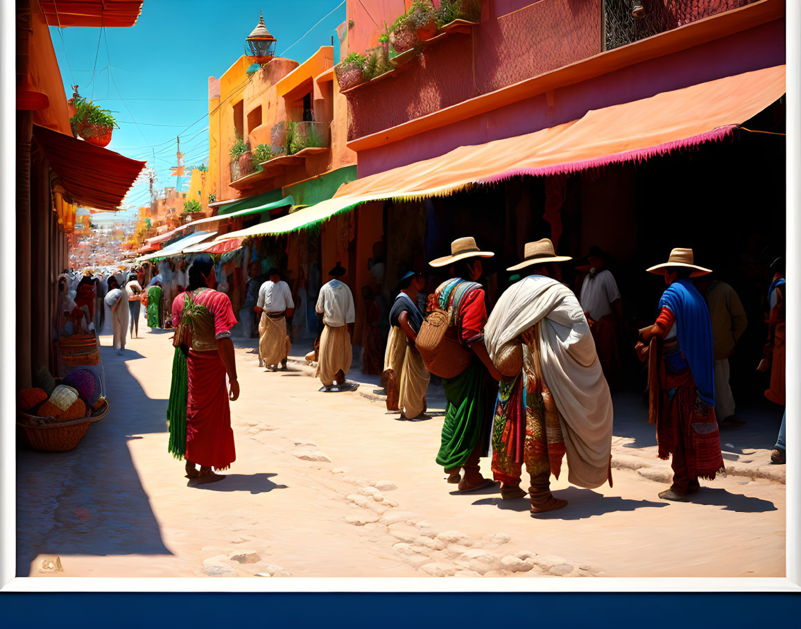 Colorful Attire and Terracotta Buildings in Vibrant Market Scene