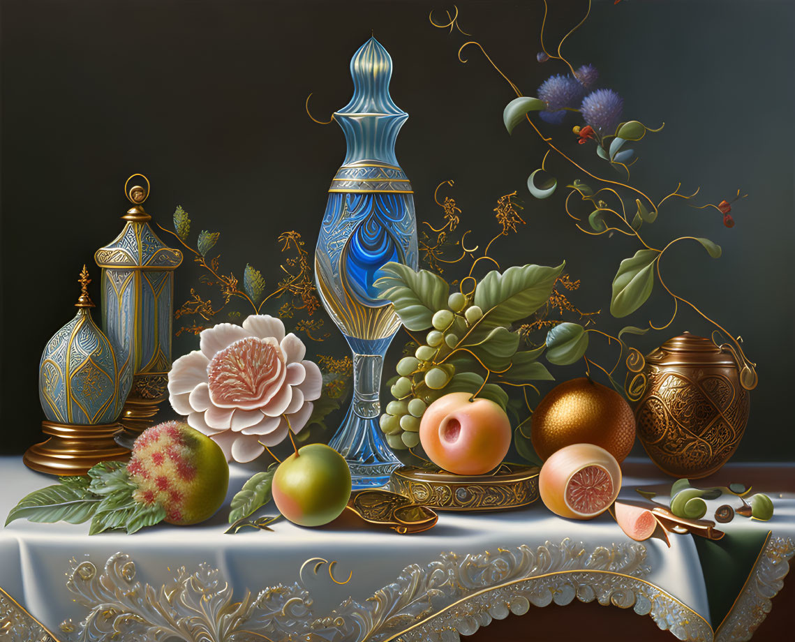 Ornate still life with blue vase, lanterns, golden pots, fruits, and flowers