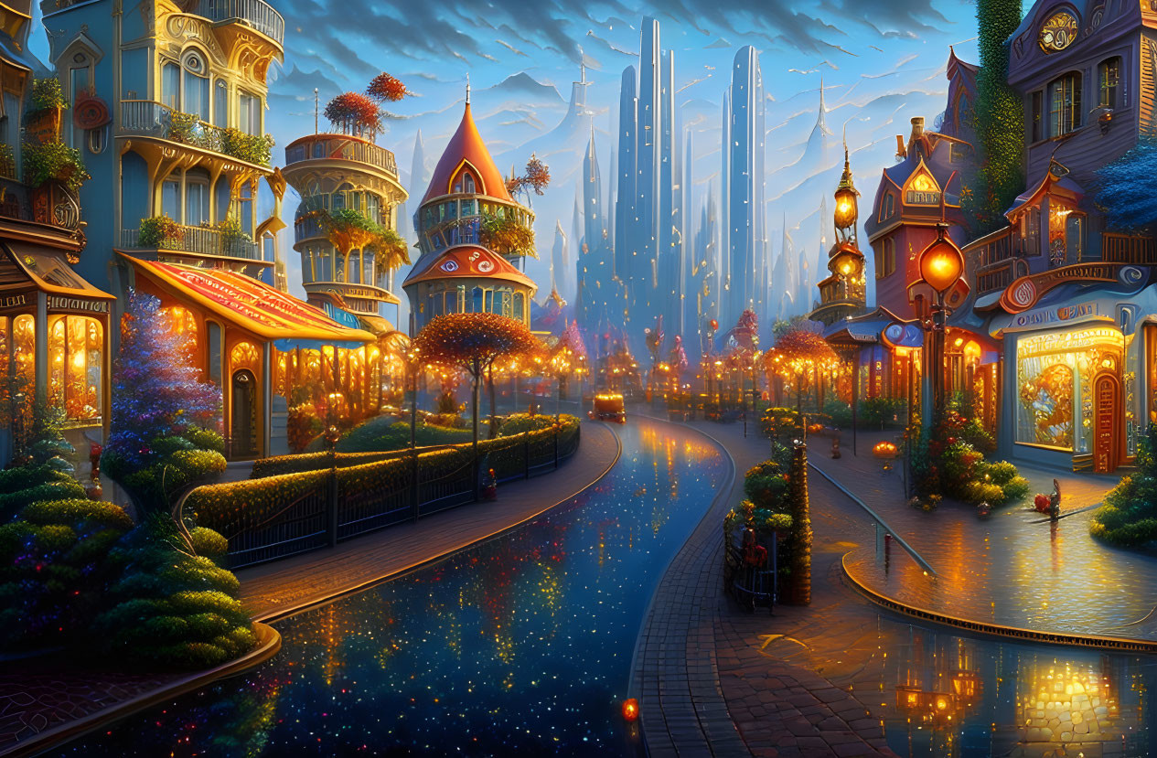 Vibrant Fantasy Town Night Scene with Magical Ambiance