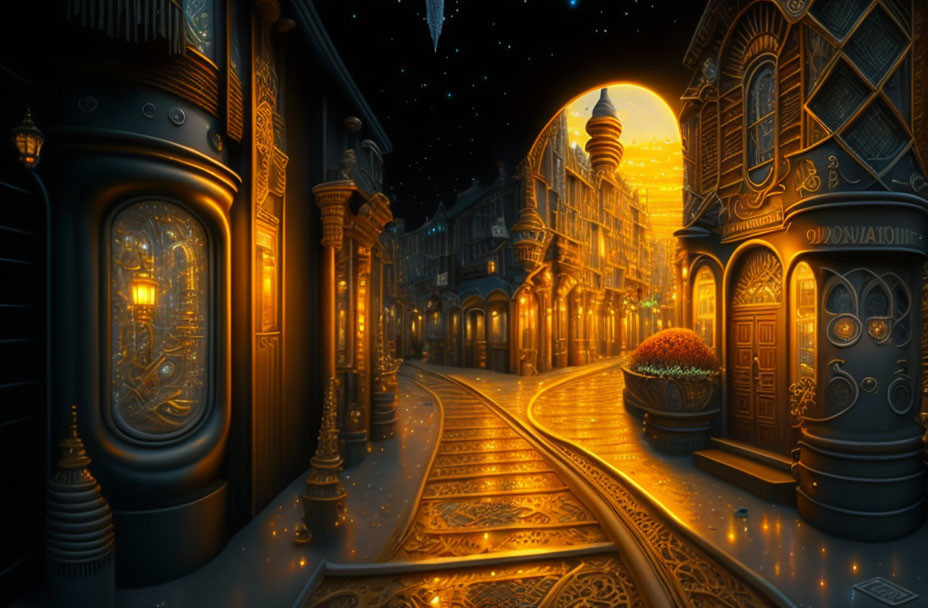 Enchanting night scene with golden-lit buildings, starry sky, and railway track.