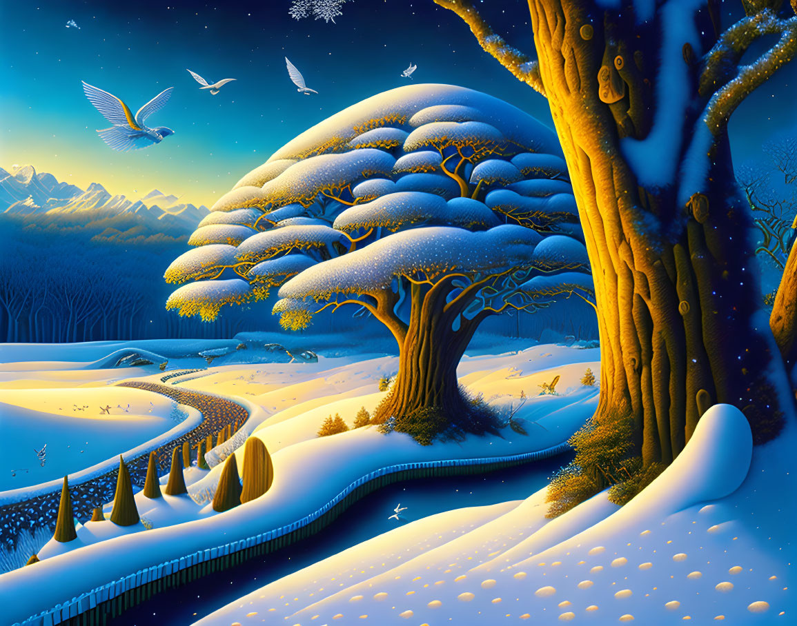 Snow-covered pathway, tree, wildlife, mountains, starry sky in enchanting winter scene
