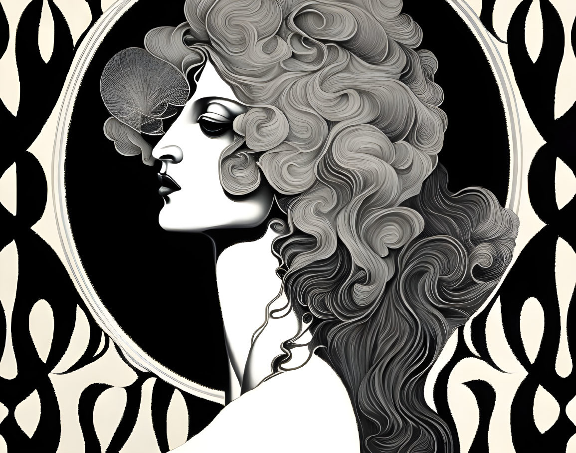 Woman with curly hair and feather in Art Nouveau style against ornamental background