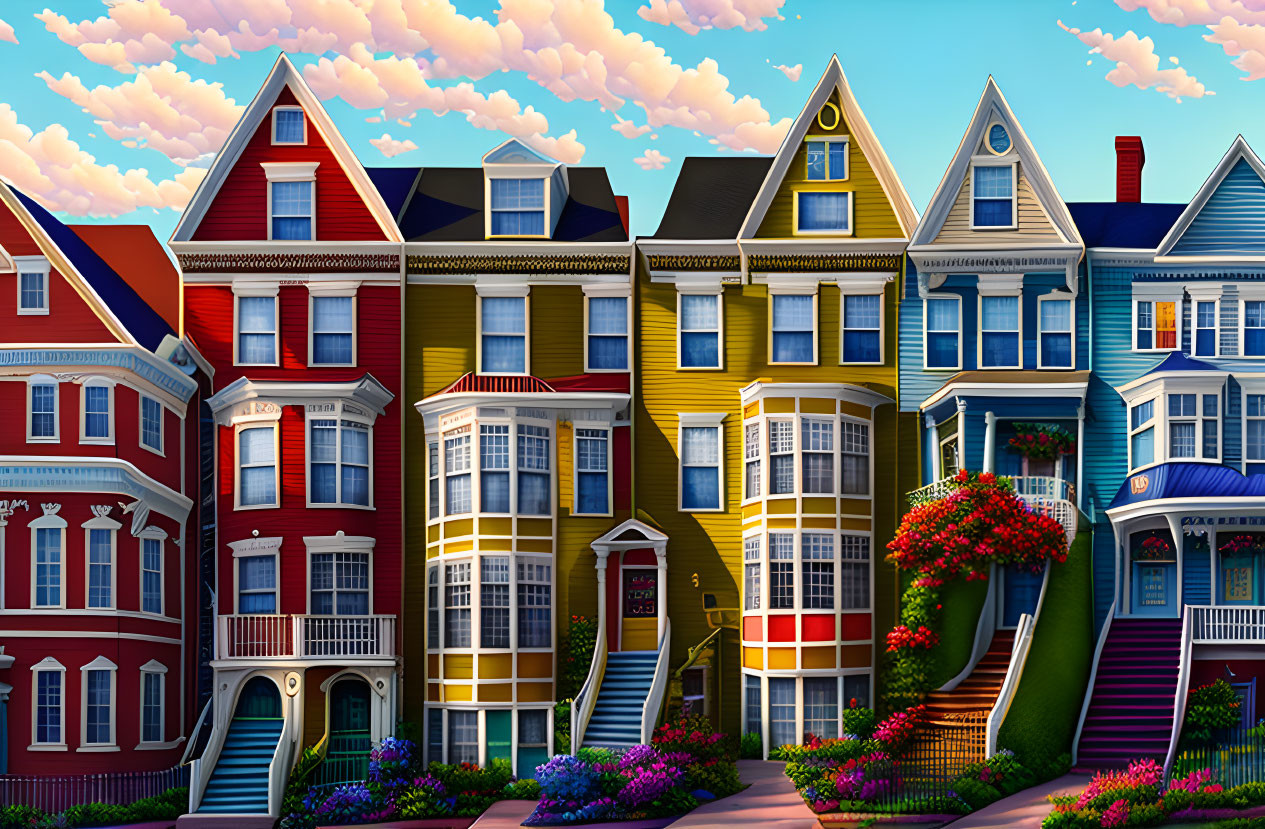 Vibrant Victorian Row Houses with Ornate Details and Flowering Plants