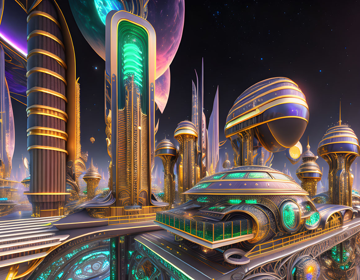 Futuristic cityscape with neon lights and flying vehicles