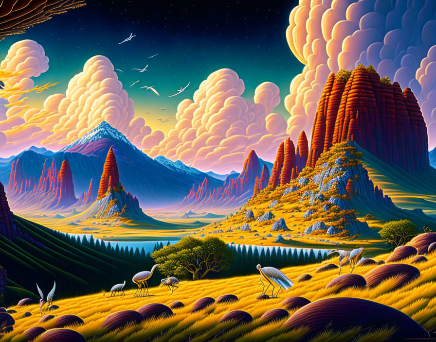 Colorful surreal landscape with stylized mountains and fantastical flora