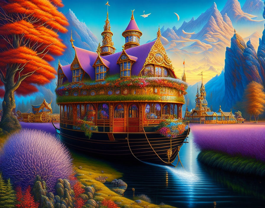 Ornate ship in magical landscape with vibrant gardens