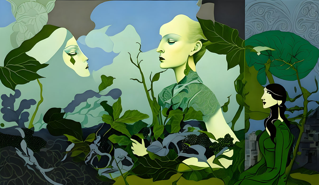 Stylized green female figures surrounded by foliage on decorative background