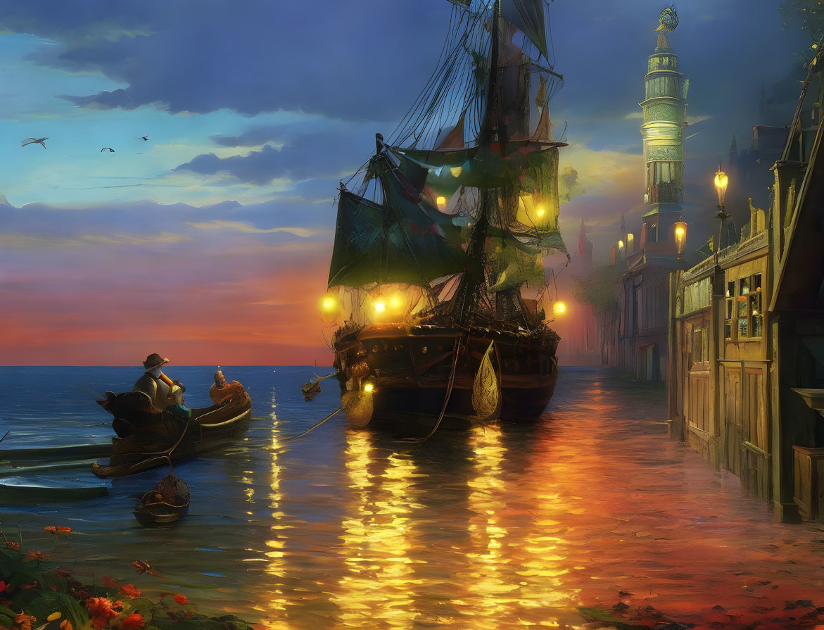 Dock scene: Galleon, rowboats, lighthouse under golden sky