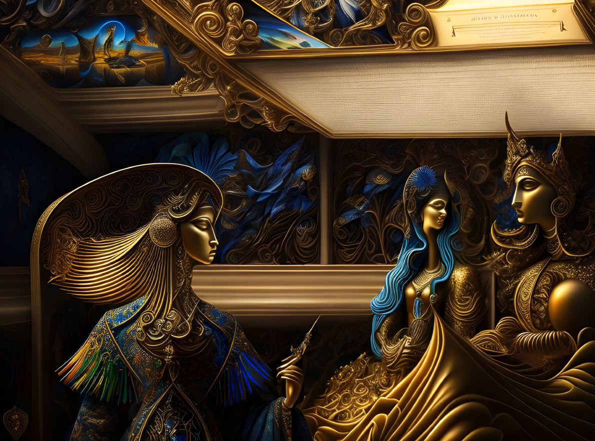 Detailed artwork featuring figures with golden and blue accents amid swirling dark colors and surreal architecture.