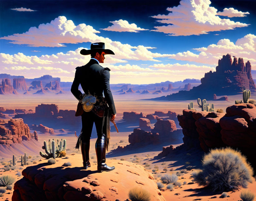 Cowboy on rocky outcrop overlooking desert with rock formations and cacti.