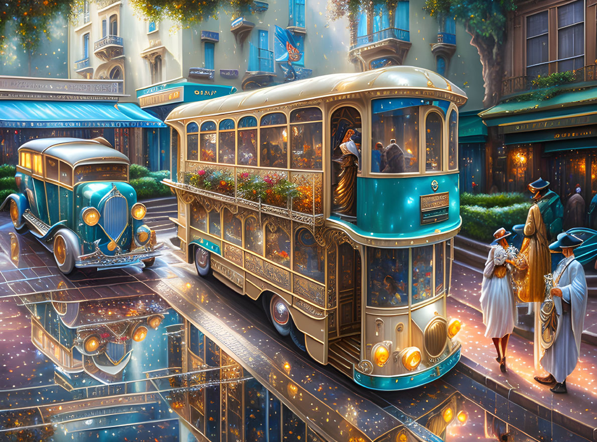 Retro-futuristic street scene with classic tram, car, and elegantly dressed people