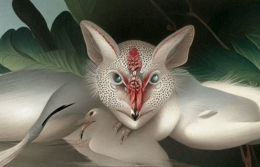 Fantastical creature with fennec fox head and ornate red mask feature