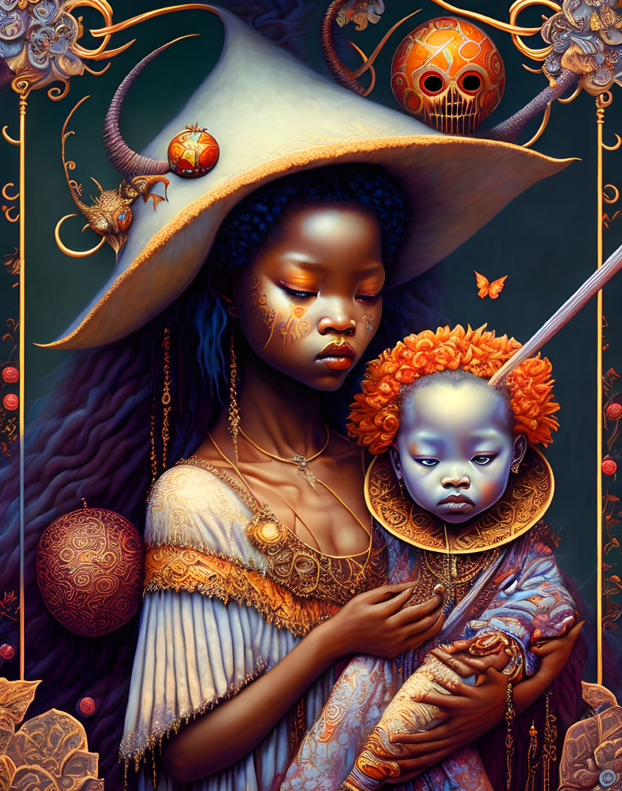 Digital Artwork: Woman with Blue Skin and Orange Hair Holding Child surrounded by Gold Ornaments, Skull