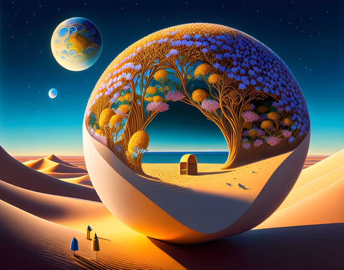 Surreal desert landscape with spherical tree habitat and whimsical moon