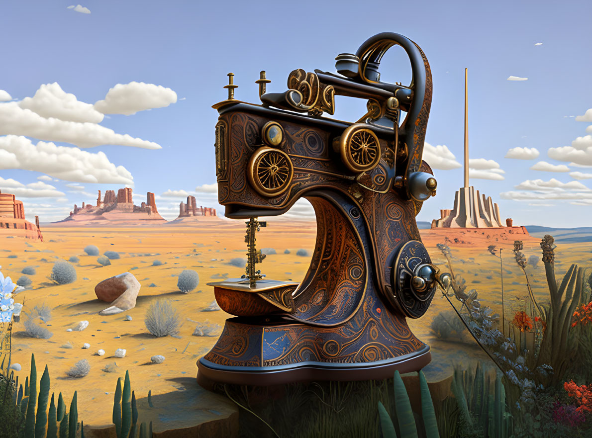 Oversized ornate sewing machine in desert landscape