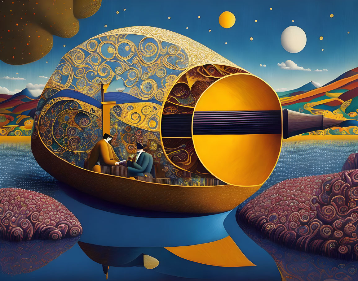 Surreal landscape featuring golden circular structure, figures, intricate patterns, and dreamy background with moons