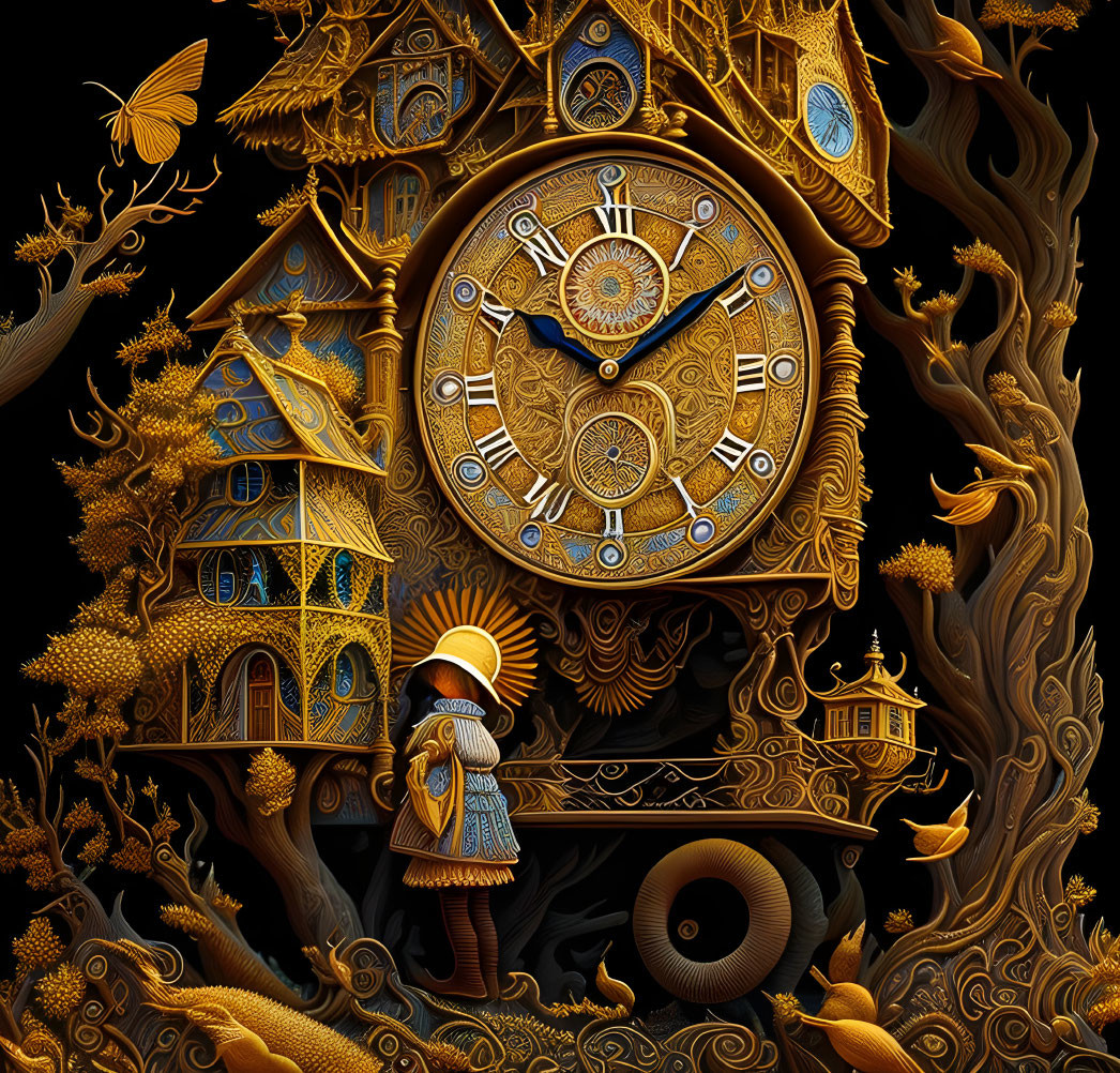 Detailed illustration: Golden clock, fantasy tree houses, person in renaissance attire.