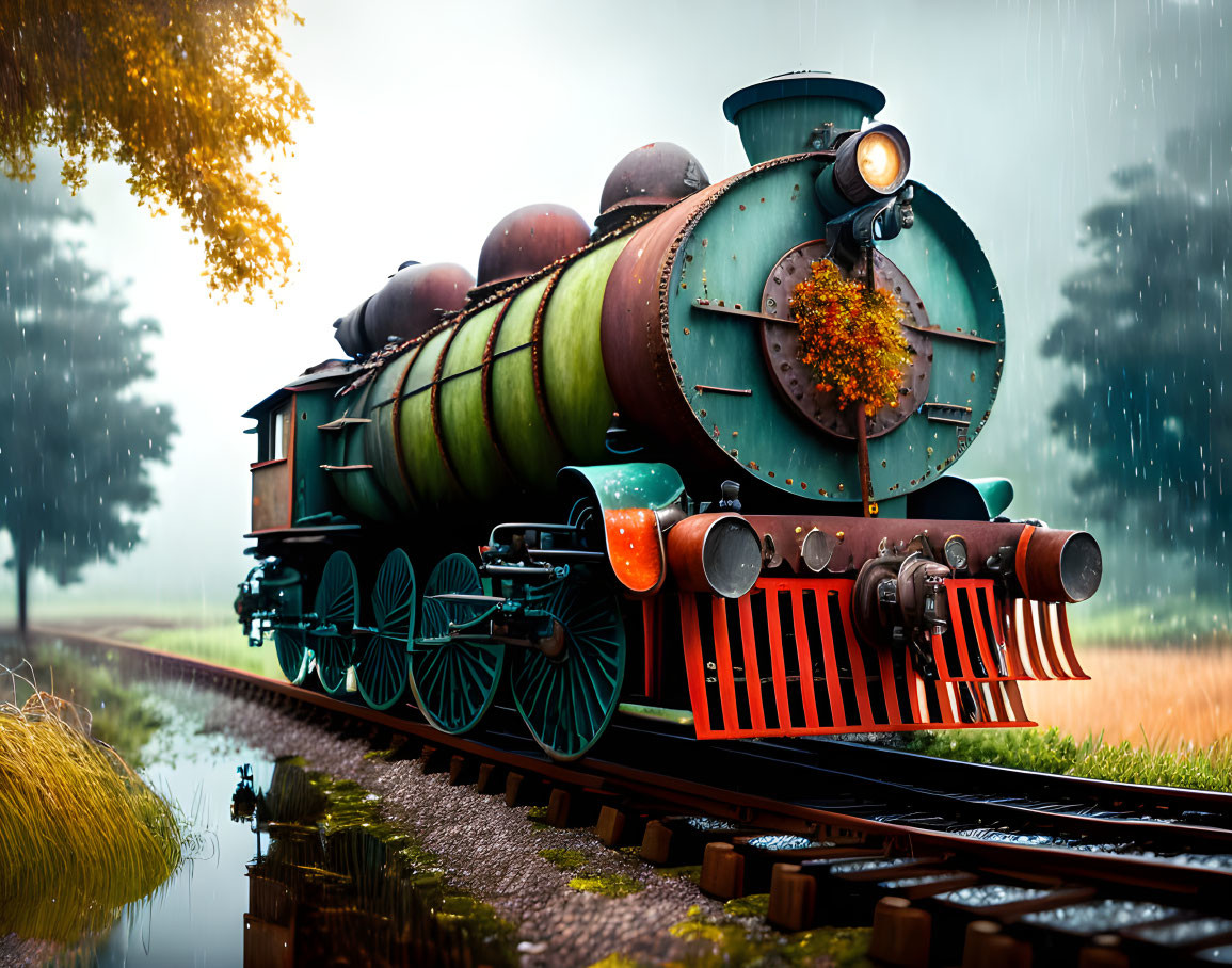 Vintage Green Steam Locomotive in Misty Rain-soaked Landscape