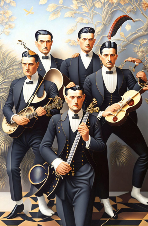 Five Men in Black Suits with Stringed Instruments Against Floral Backdrop