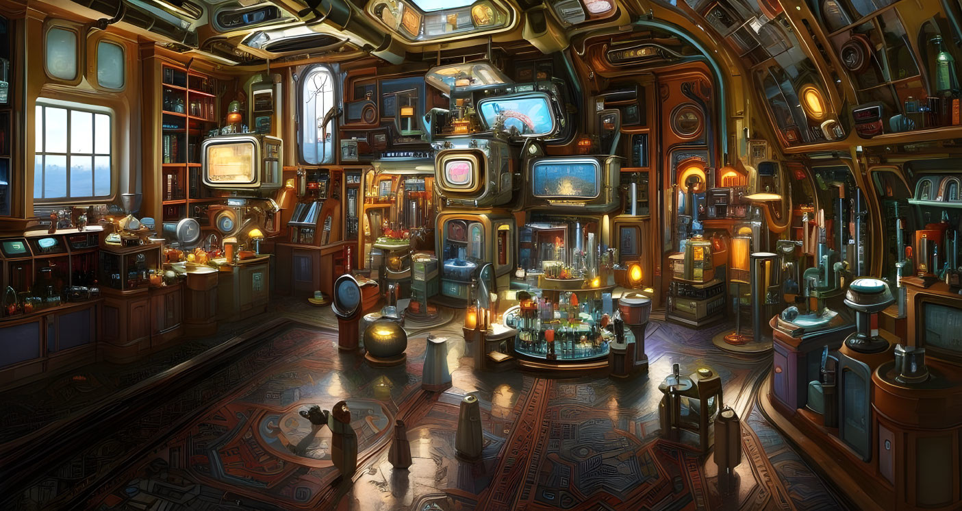 Steampunk-style interior with vintage monitors and gadgets