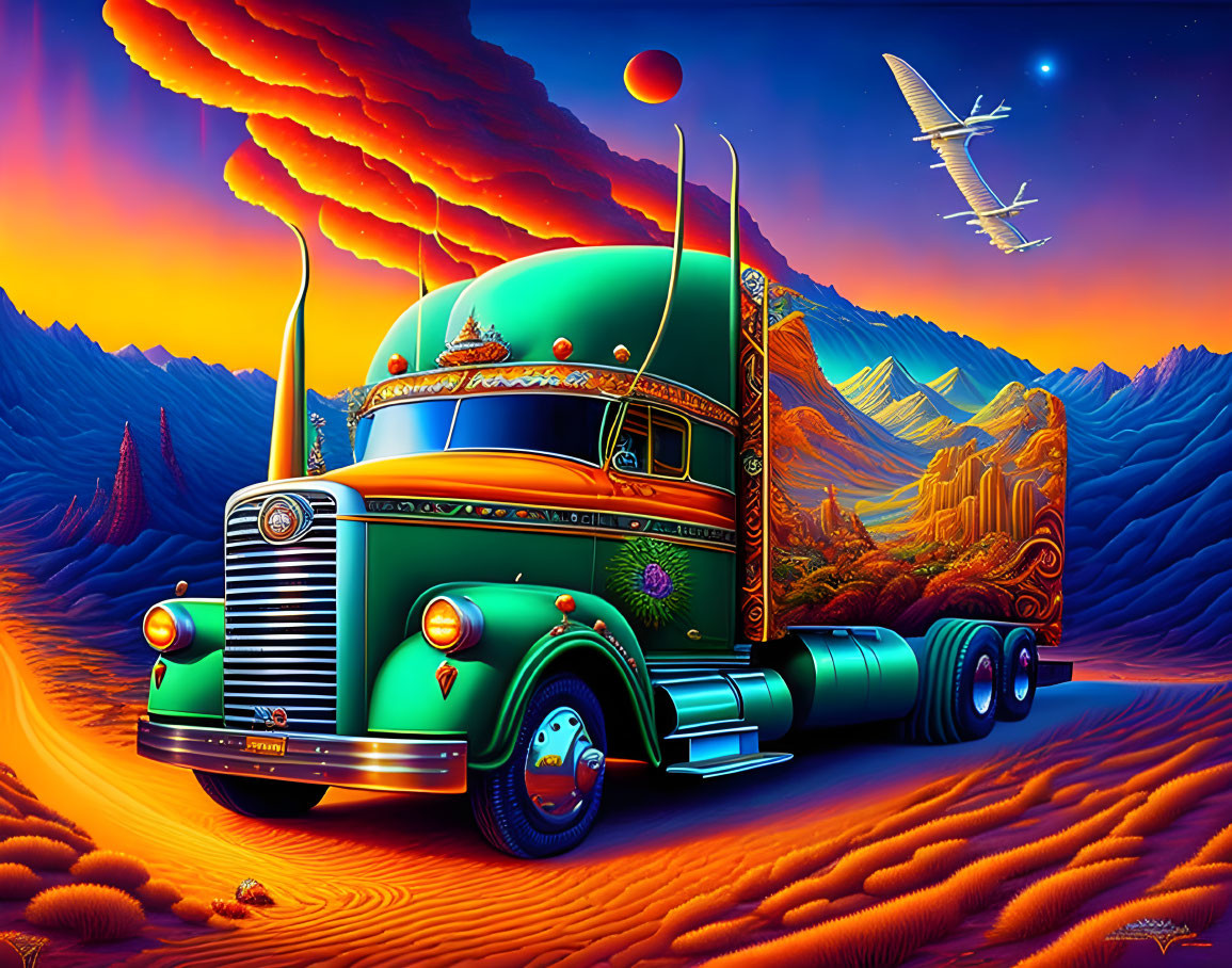 Vibrant semi-truck in desert with spaceship and mountains