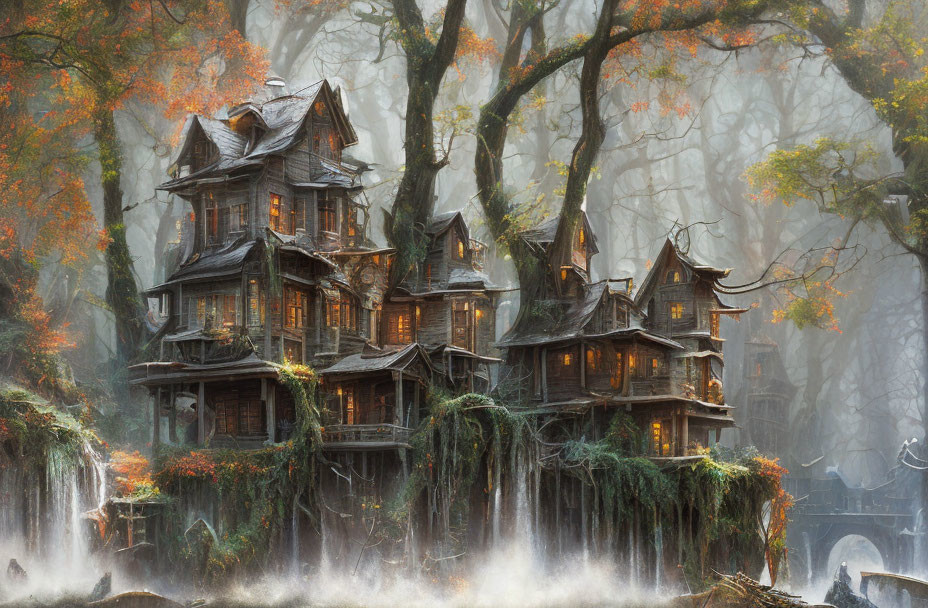 Mystical multi-tiered wooden house in foggy autumn forest with cascading waterfalls and iv