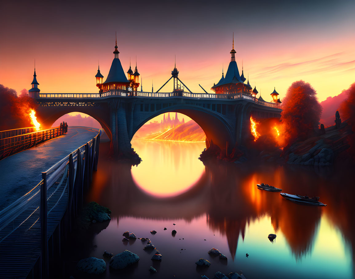 Ornate bridge over tranquil river at sunrise with boats and fiery sky