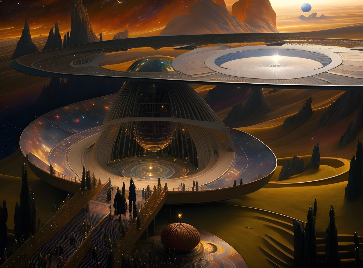 Futuristic city with circular structures in alien desert landscape