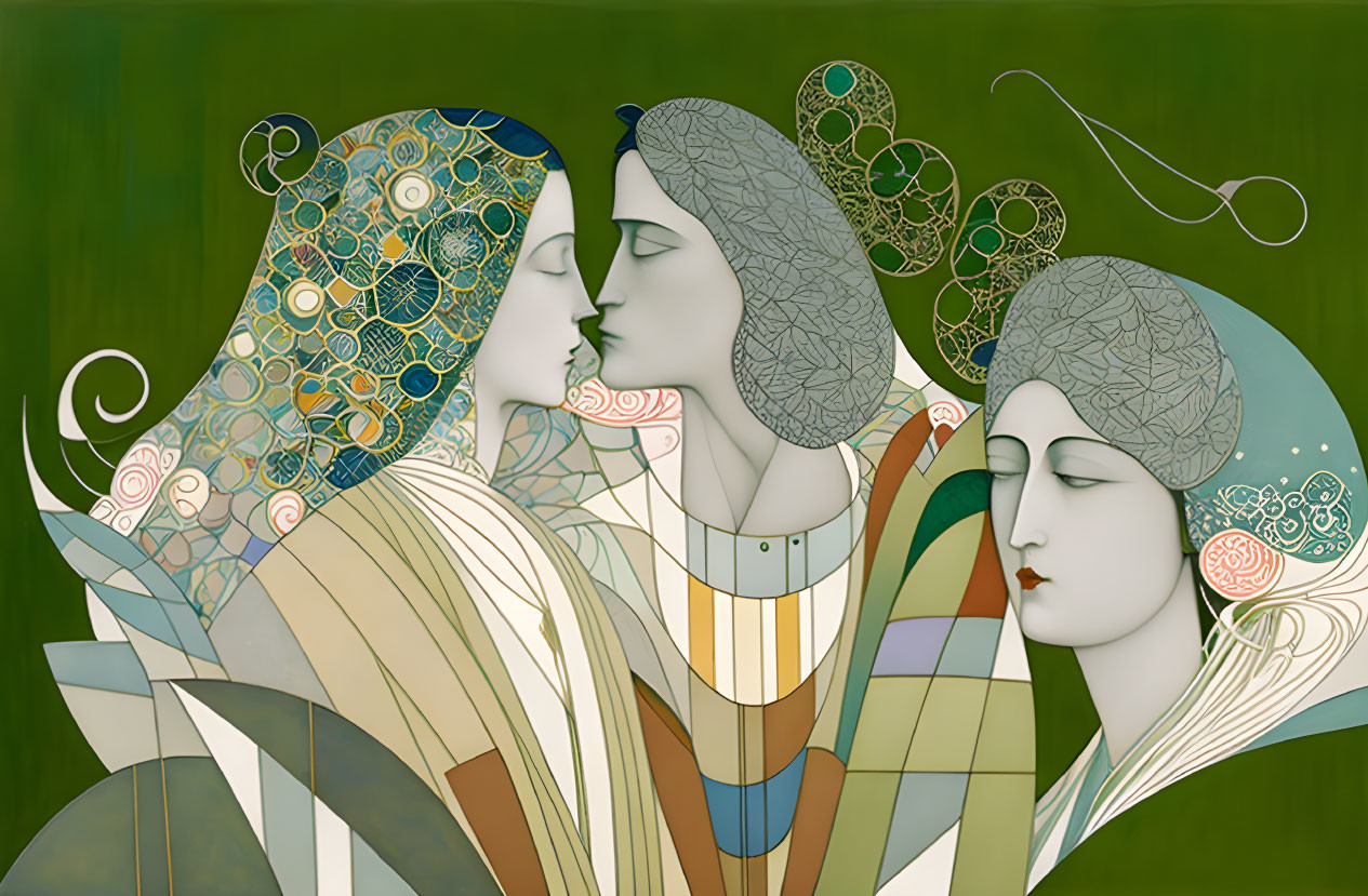 Art Nouveau-style illustration of three figures with intricate patterns in greens, golds, and earth tones