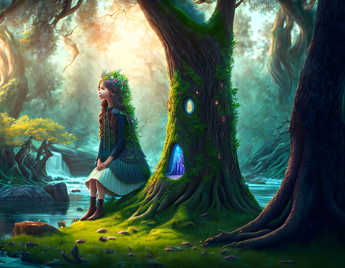 Young girl in medieval dress in enchanted forest with magical trees and glowing doors