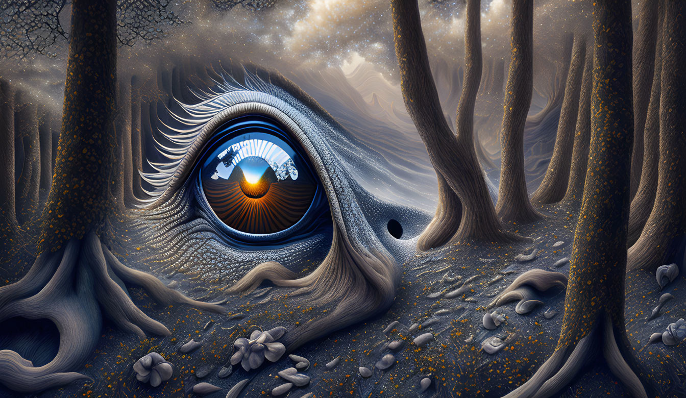 Surreal forest scene with giant eye and sunset reflection in mystical blue and grey hues