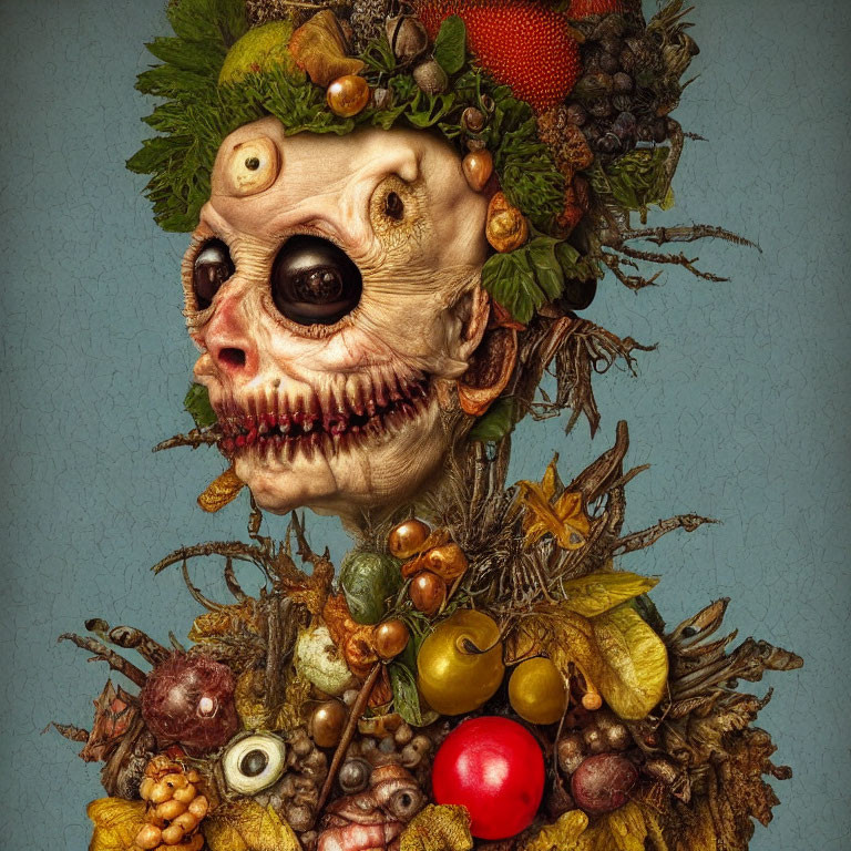 Skeletal figure with fruit, leaves, and eyes in surreal art piece