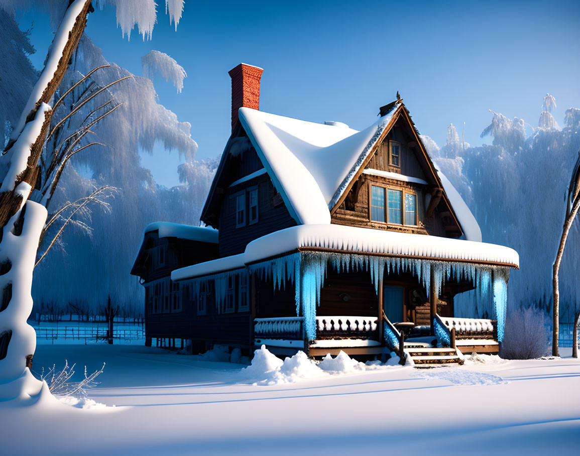 Snow-covered wooden cabin in winter landscape with icicles and snowy trees