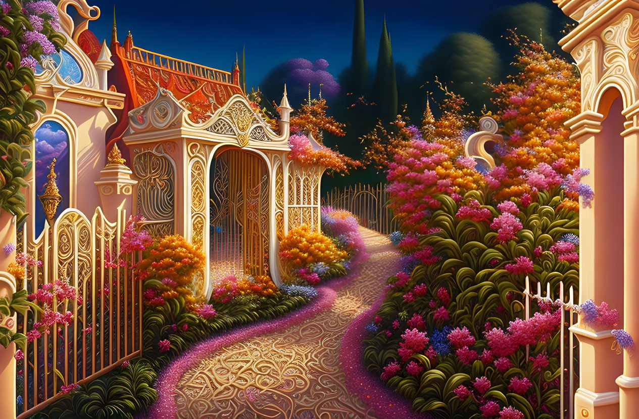 Enchanted garden at dusk with golden gates and vibrant flowers