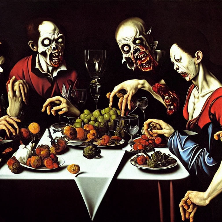 Artistic representation of three skull-faced figures at a fruit-filled table.