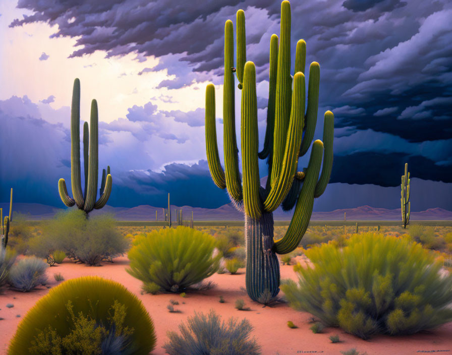 Desert landscape with saguaro cacti, green shrubs, and stormy sky