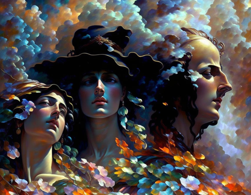 Colorful painting of three stylized women with expressive features and floral adornments in dreamy setting.