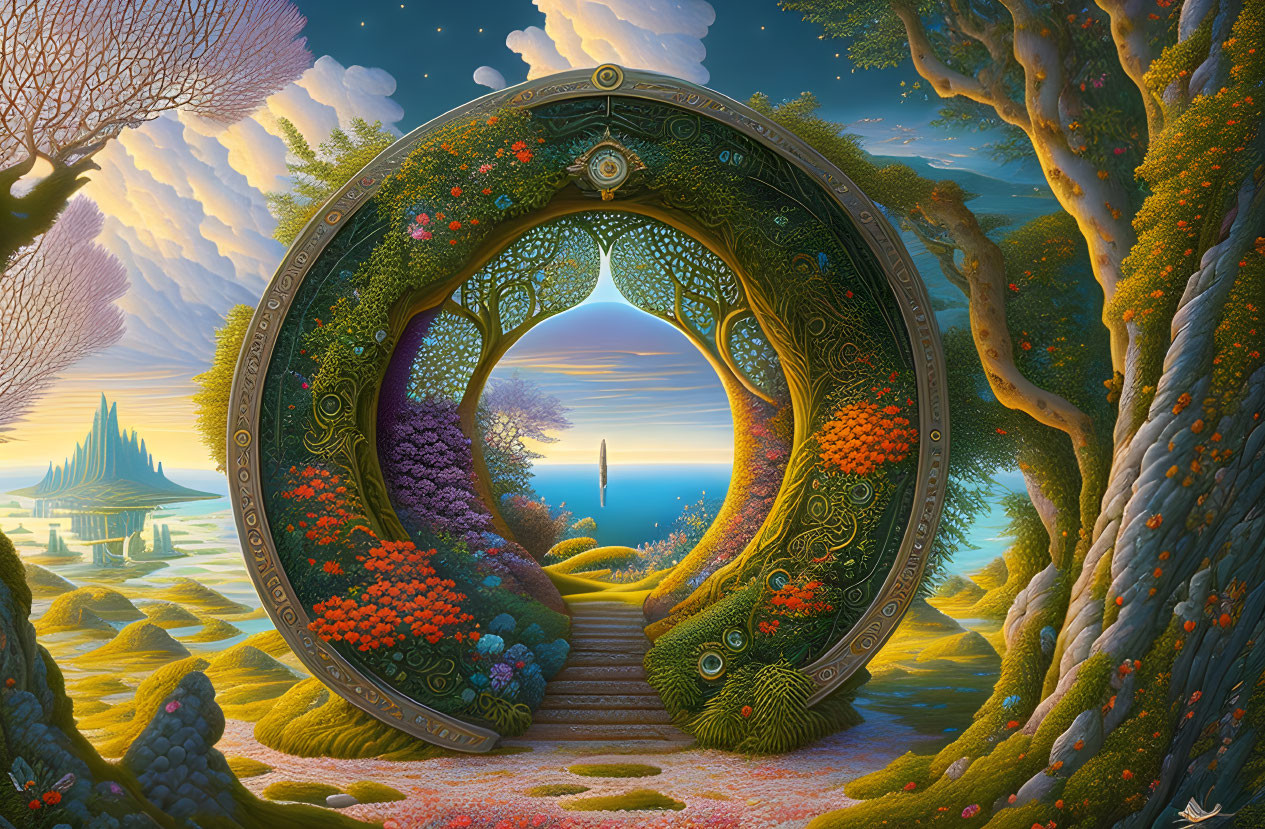 Ornate circular gateway reveals fantastical landscape with figure, vibrant flora, and twilight sky