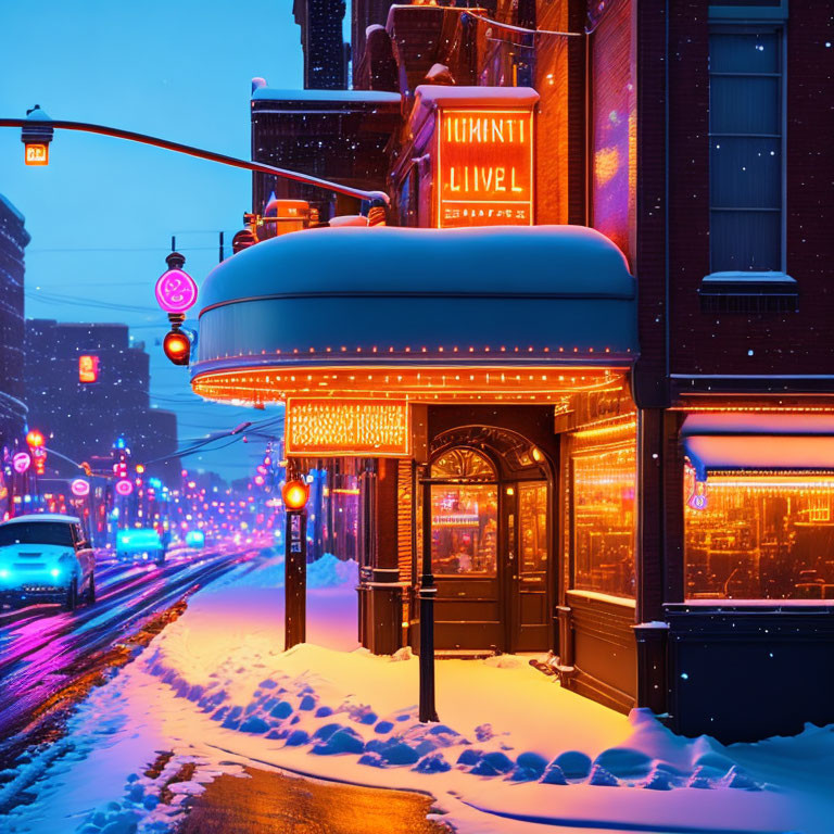 Snowy city street at dusk with illuminated signs and warm lights on buildings.