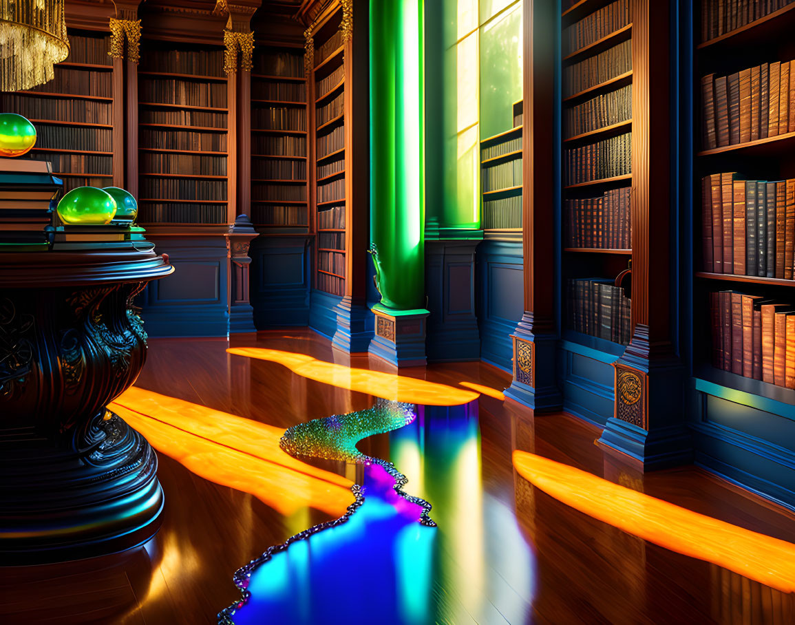 Grand library with tall wooden bookshelves and glowing green orb in sunlight.