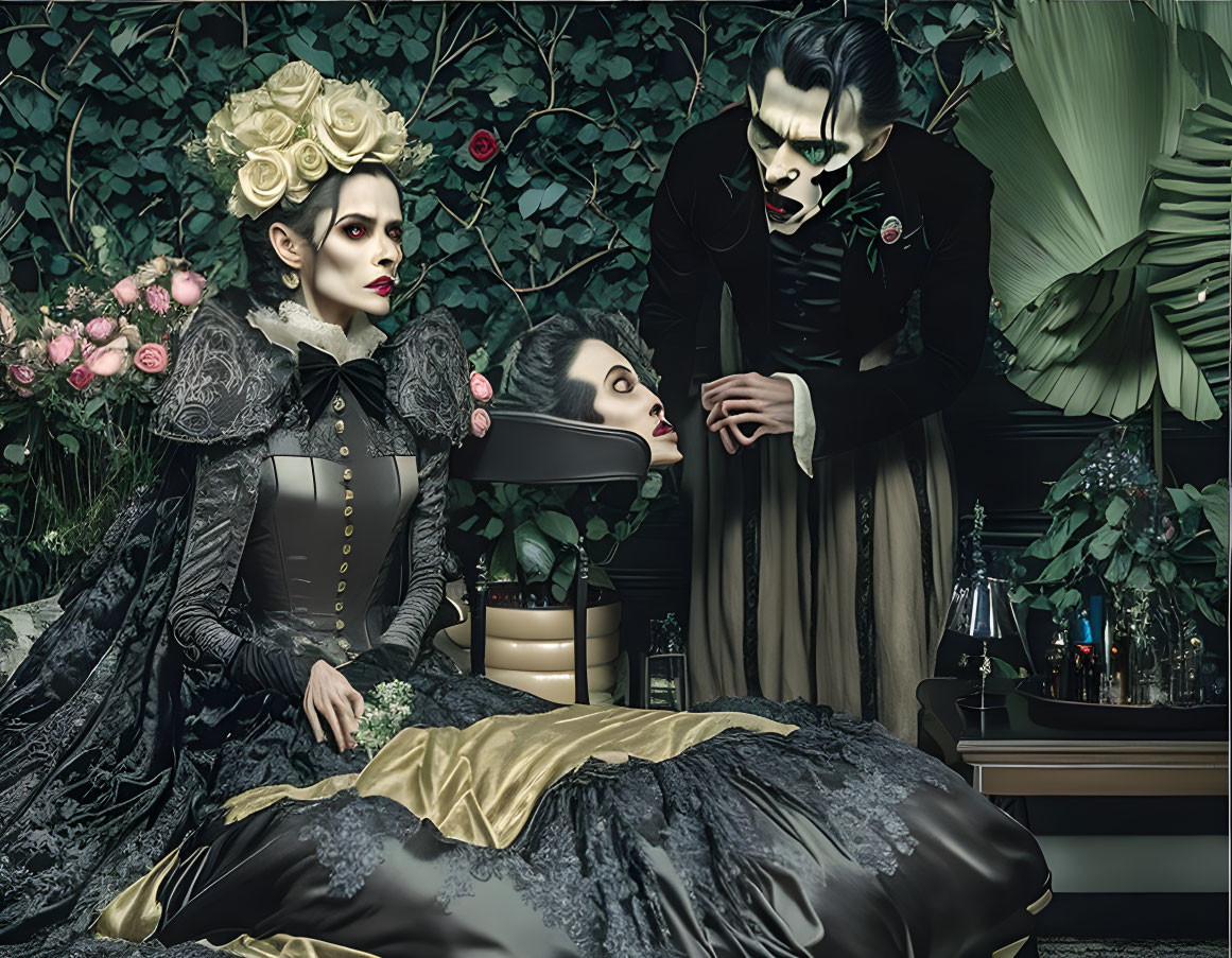 Gothic attire scene with two women and vampire man in dark garden