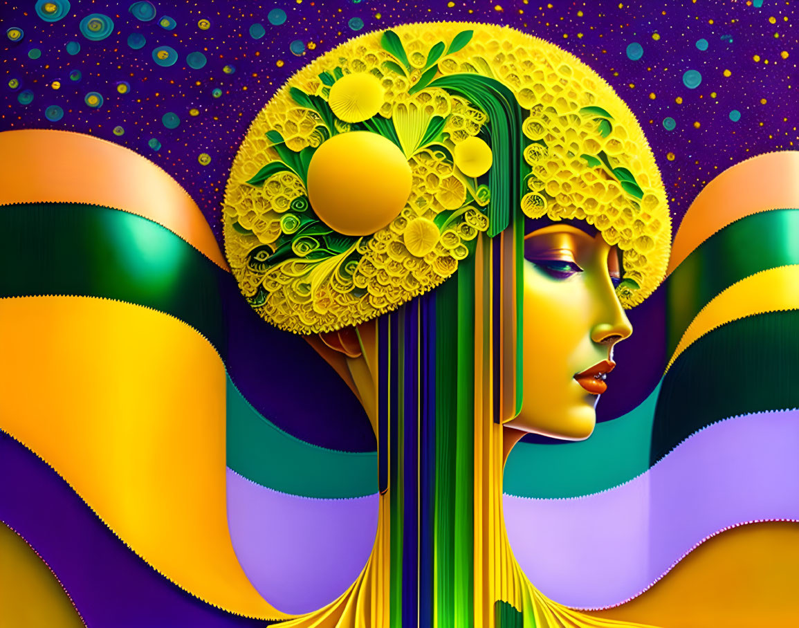 Colorful Stylized Woman's Profile with Vibrant Yellow Headdress