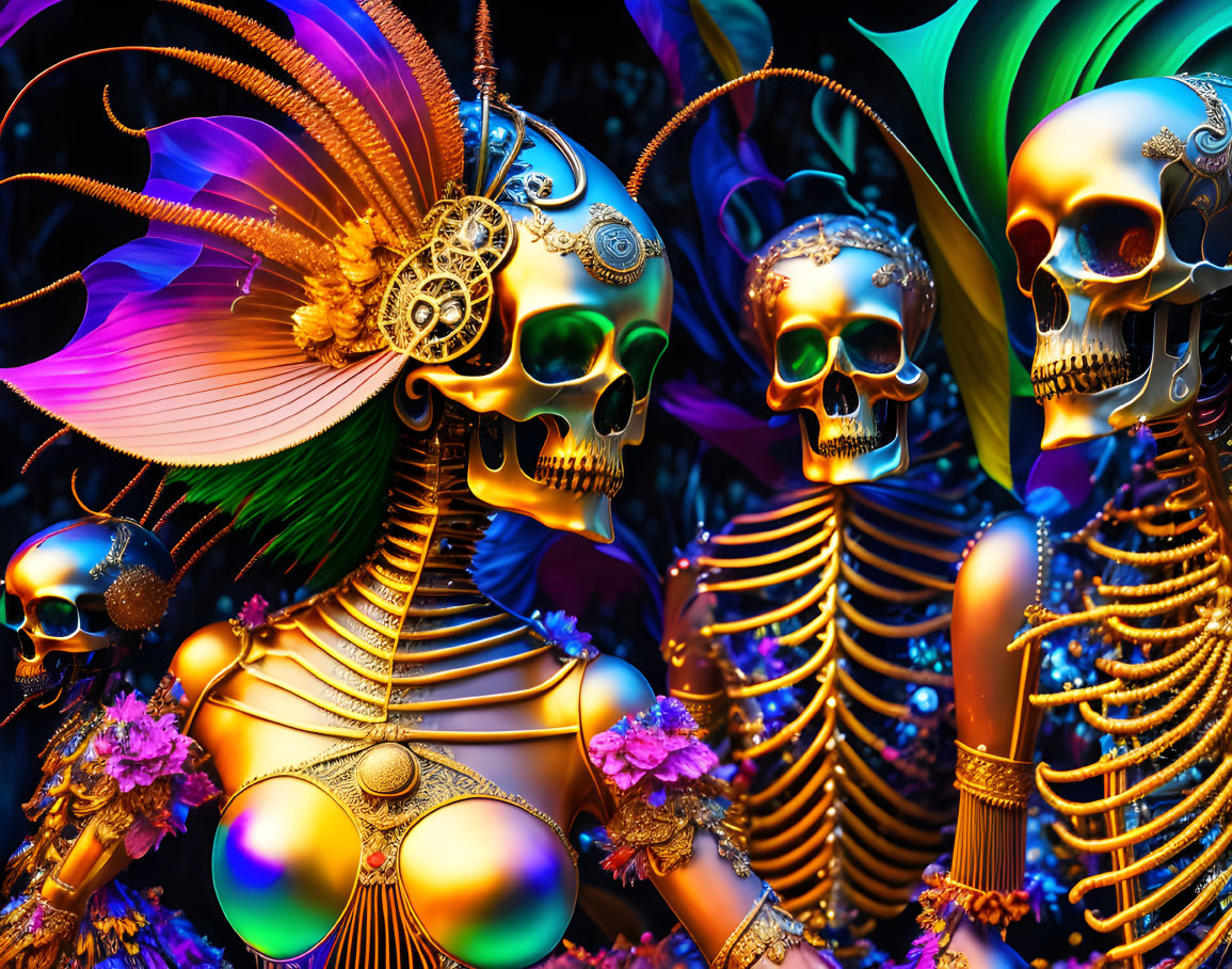 Colorful Day of the Dead skeletal figures with floral accents