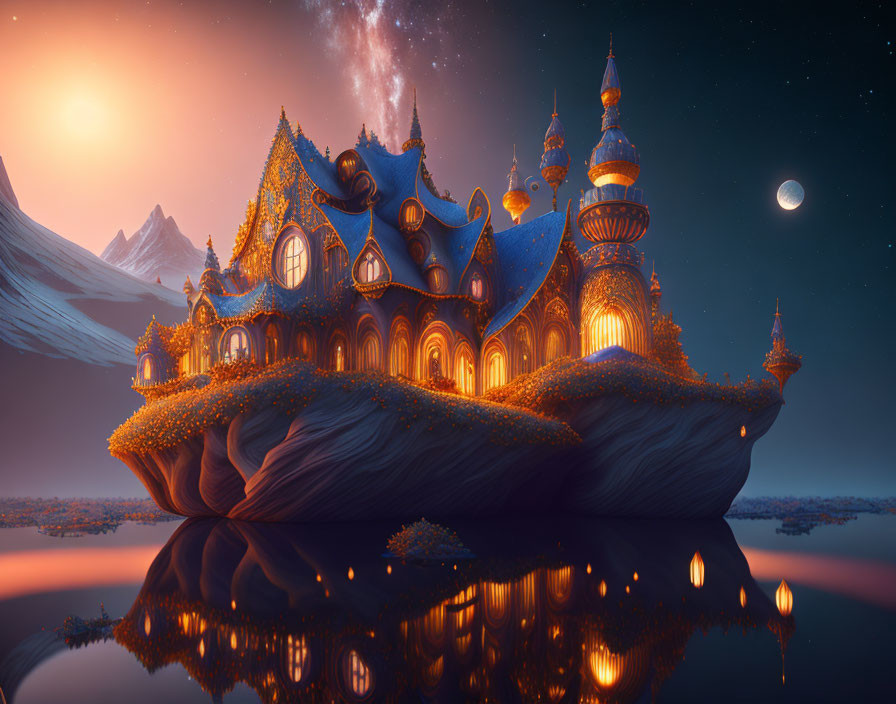 Fantastical illuminated palace with towers above water at twilight