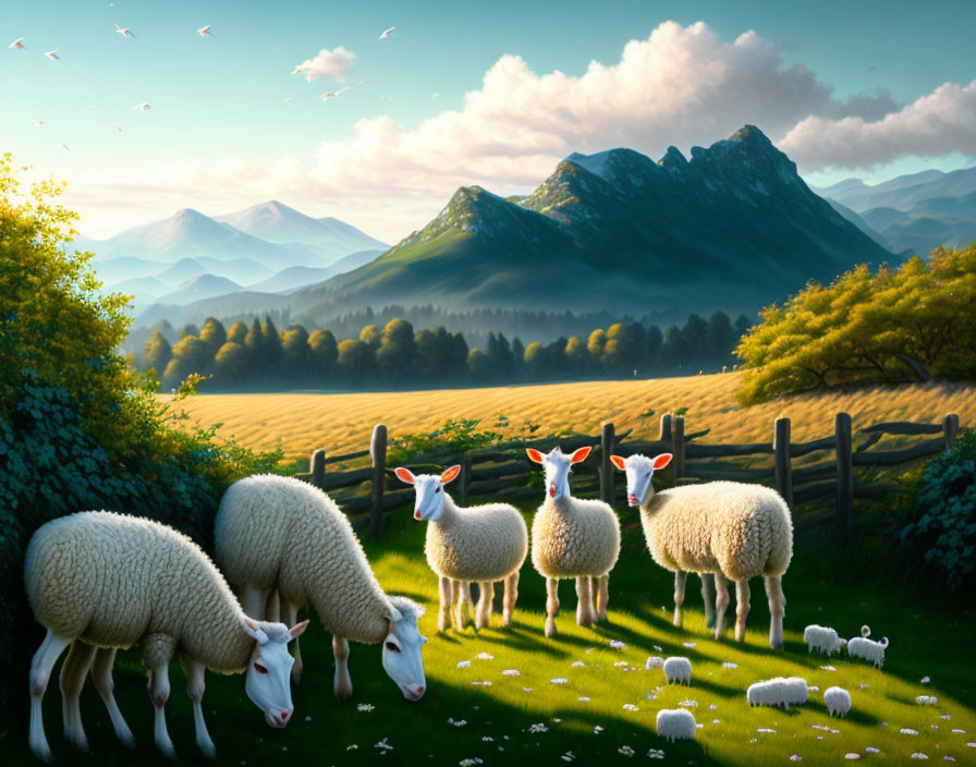 Tranquil landscape with grazing sheep, wooden fences, mountains, vibrant sky