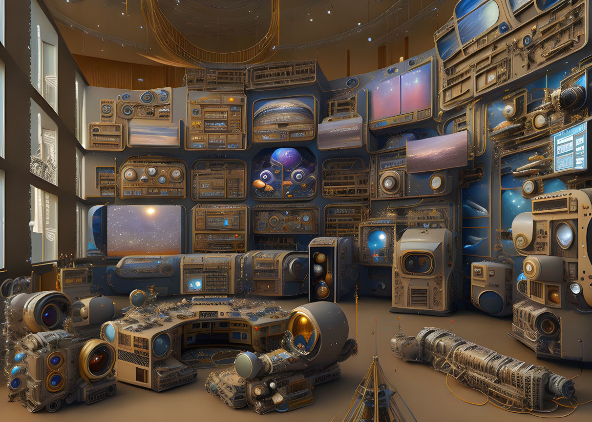 Futuristic control room with star-filled monitors and observatory ceiling