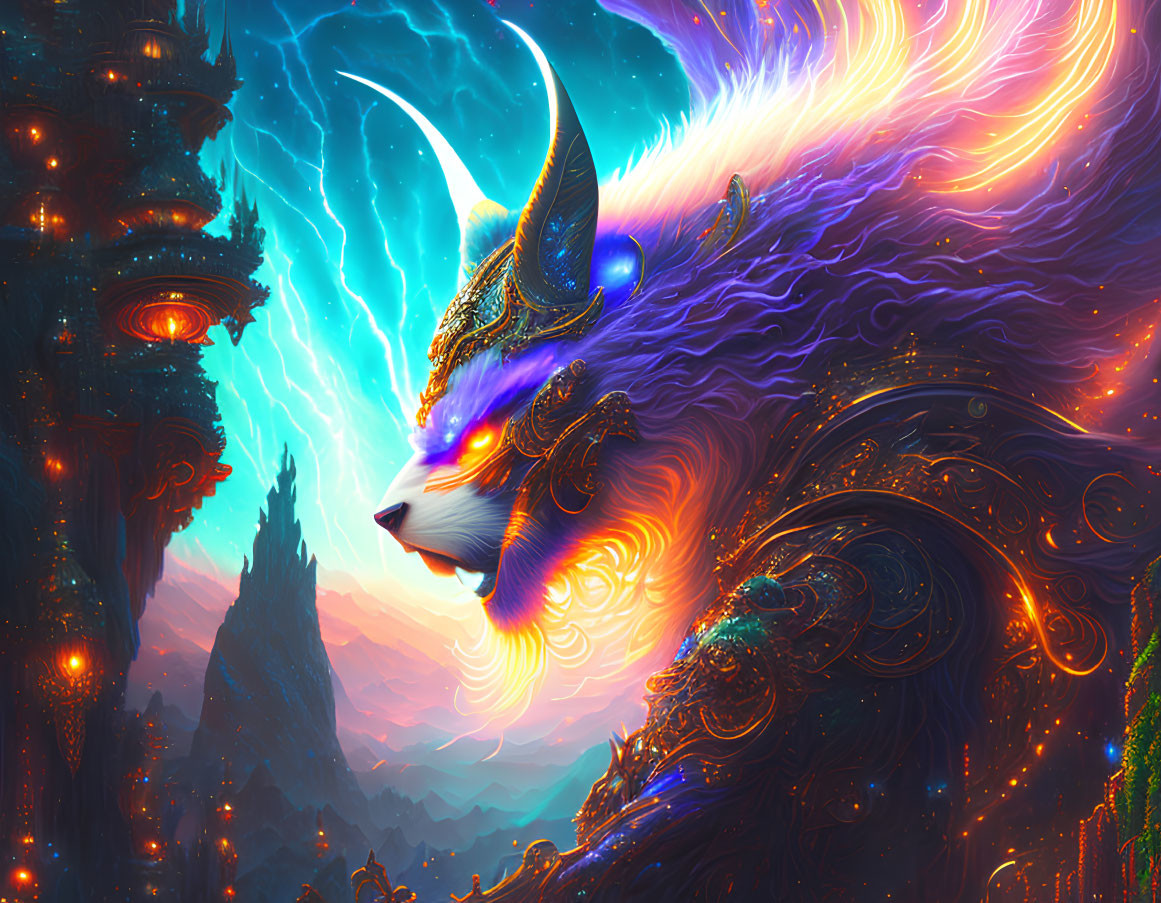 Colorful mythical creature with horns and flowing mane in fantastical landscape