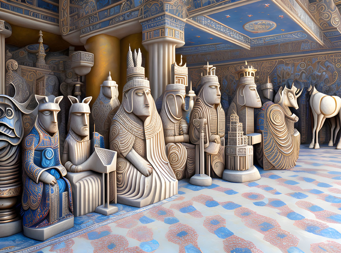 Ancient Egyptian-themed 3D chess piece illustration in grand hall