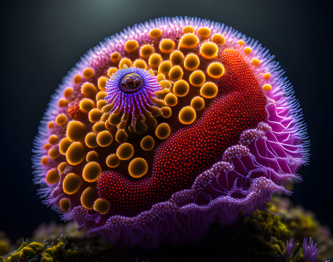 Vibrant purple sea anemone with orange tentacles on dark backdrop